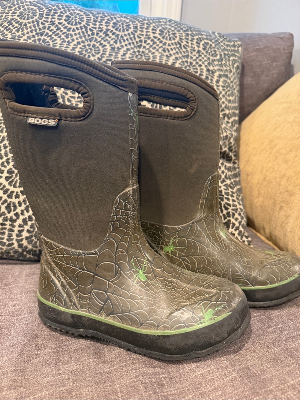 Bogs Kids Brown Rain & Snow Boots with Green Spiderweb Accents